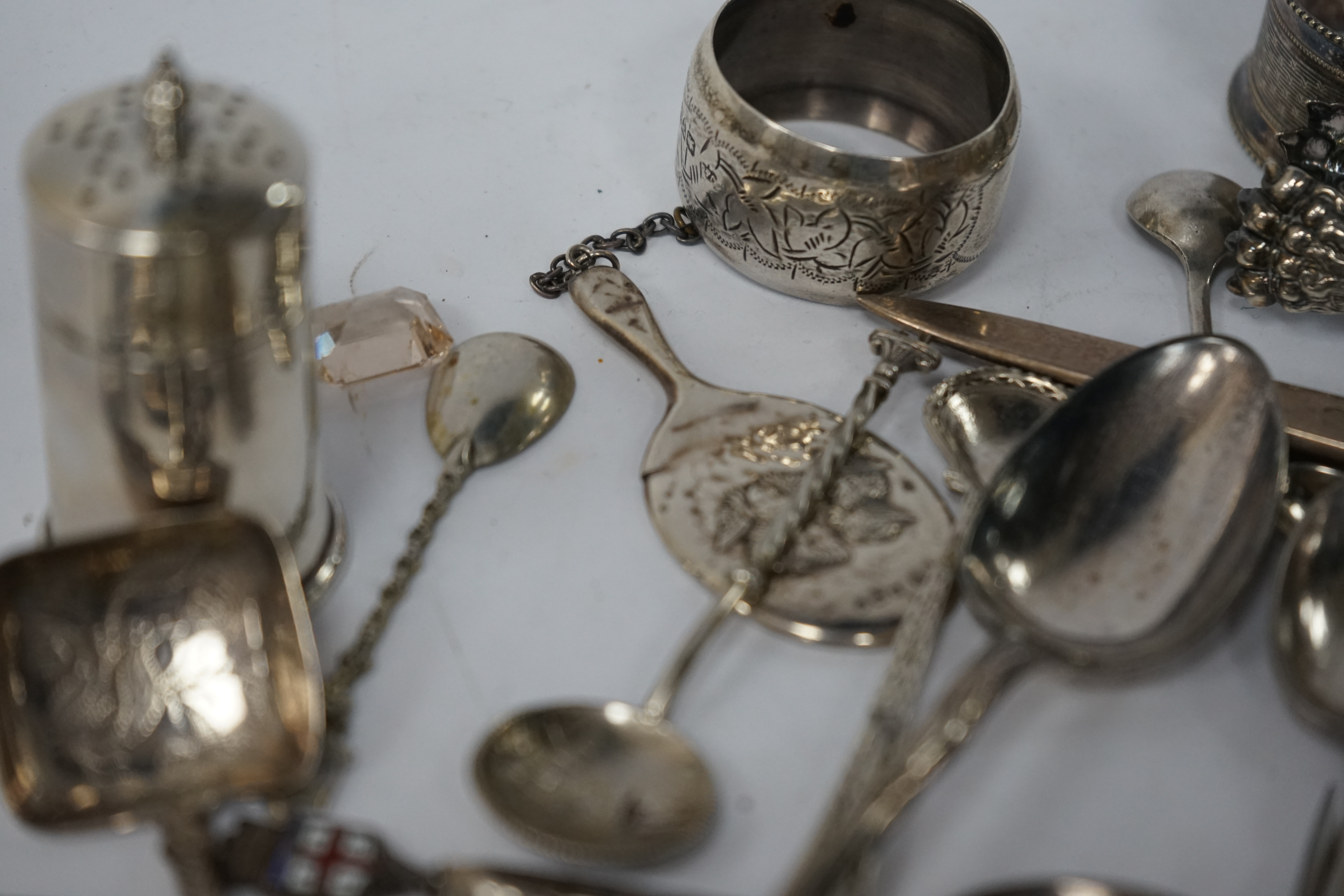 Assorted small silver and other white metal items including fruit knives, a pair of Georgian sugar nips, by Henry Plumpton, circa 1750, a pair of Victorian grape shears, Wakely & Wheeler, London 1887, pepperette, a Georg